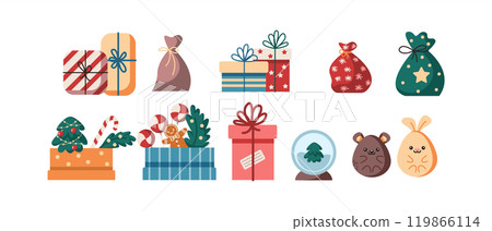 Cute Christmas presents icons flat color vector objects set 119866114