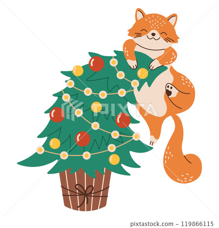 Red cat climbing onto Christmas tree flat vector character 119866115
