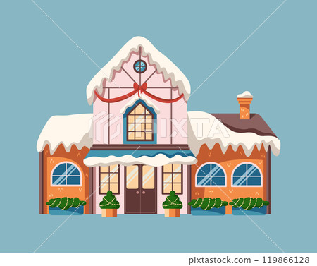 Cute house with snowy roof on winter day flat vector object Cute house with snowy roof on winter day flat vector object 119866128