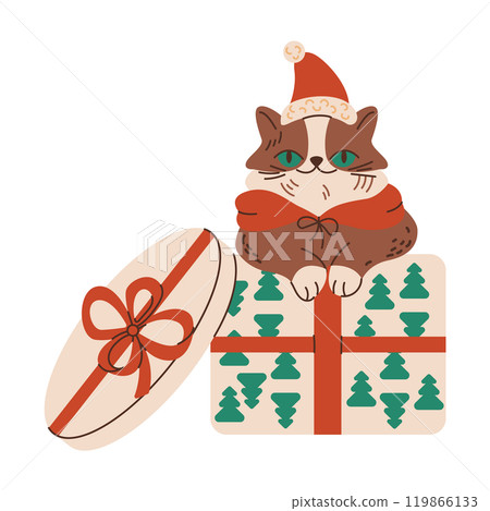 Funny cat in Christmas gift box flat color vector character Funny cat in Christmas gift box flat color vector character 119866133