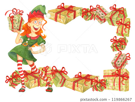 Horizontal festive frame or background with cartoon elf girl character and gift boxes wrapped in colorful paper with red ribbons and bows. Watercolor template for cards or covers with place for text Horizontal festive frame or background with cartoon elf girl character and gift boxes wrapped in colorful paper with red ribbons and bows. Watercolor template for cards or covers with place for text 119866267