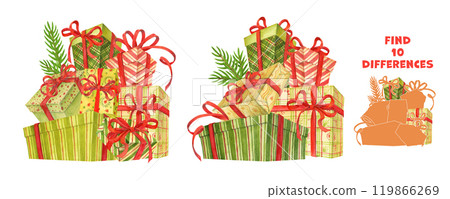 Find the differences. Educational game for children with pile of gift boxes wrapped in colorful paper with red ribbons and fir branches on background. Puzzle Hidden Items. Festive cartoon illustration 119866269