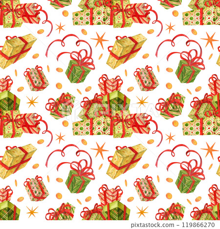 Seamless pattern of gift boxes with ribbons, freely flying and piled up, complemented by stars and confetti. Bright, colorful festive ornament for wrapping paper, wallpaper and holiday textiles 119866270