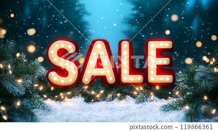 AI 生成的圖像描繪了帶有降雪和冷杉樹的浪漫聖誕銷售照明展示 119866361