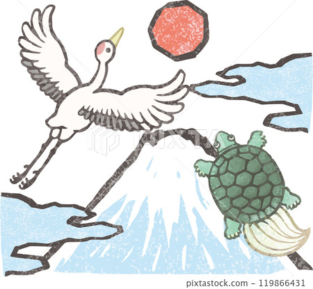 Crane and turtle, Mt. Fuji, first sunrise, woodblock print, Japanese painting, ink painting, watercolor, hand-drawn illustration 119866431