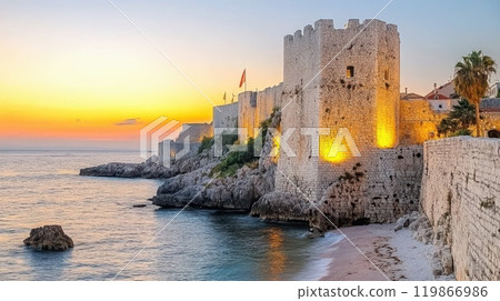 A medieval stone fortress by the sea, illuminated by warm sunset light, with rocky shores in the foreground. Concept: history, coastal beauty. 119866986