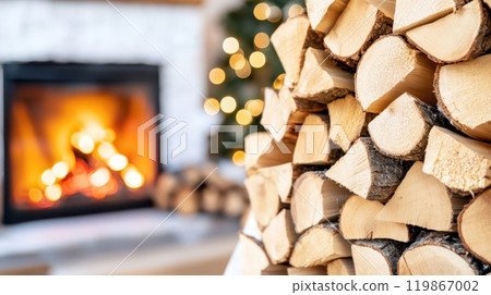 Stacked firewood beside a cozy, lit fireplace with blurred festive lights, evoking warmth and holiday spirit. Stacked firewood beside a cozy, lit fireplace with blurred festive lights, evoking warmth and holiday spirit. 119867002