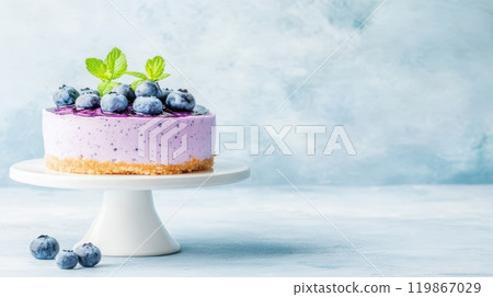 Blueberry cheesecake on a white stand, garnished with fresh blueberries and mint leaves, against a pastel blue background. 119867029