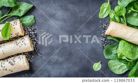 Golden brown filo rolls garnished with fresh parsley, offering a crispy and savory appetizer perfect for parties and gatherings. Golden brown filo rolls garnished with fresh parsley, offering a crispy and savory appetizer perfect for parties and gatherings. 119867033