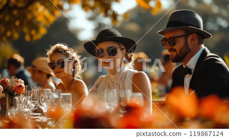 Stylish people at race event seated with glasses and floral decor. Vintage luxury fashion, Old Money Stylish people at race event seated with glasses and floral decor. Vintage luxury fashion, Old Money 119867124