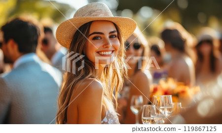 Smiling woman in straw hat at an outdoor racing event, with people and glasses in the background 119867125