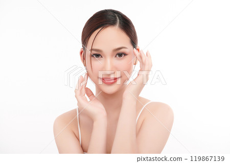 Beautiful young asian woman with clean fresh skin on white background, Face care, Facial treatment, Cosmetology, beauty and spa, Asian women portrait. 119867139