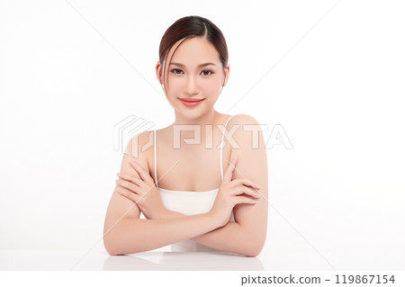 Beautiful young asian woman with clean fresh skin on white background, Face care, Facial treatment, Cosmetology, beauty and spa, Asian women portrait. 119867154