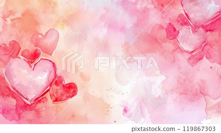 Watercolor hearts in shades of pink aligned on a watercolor back Watercolor hearts in shades of pink aligned on a watercolor back 119867303