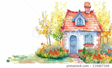 Charming watercolor illustration of a cottage with greenery and 119867306