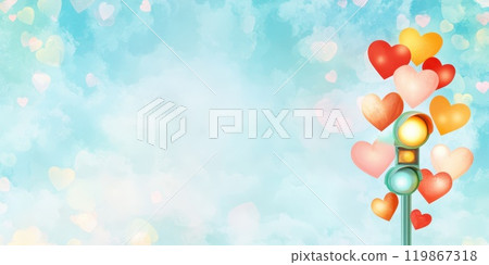 Colorful heart-shaped balloons floating against a bright blue sky with soft clouds, evoking joy and love. Concept: celebration, happiness. 119867318