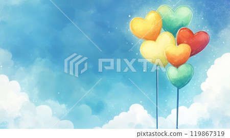 Colorful heart-shaped balloons floating against a bright blue sky with soft clouds, evoking joy and love. Concept: celebration, happiness. Colorful heart-shaped balloons floating against a bright blue sky with soft clouds, evoking joy and love. Concept: celebration, happiness. 119867319