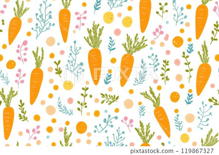 Whimsical carrot and floral pattern on a white background, perfect for spring or Easter-themed designs with a playful touch. Whimsical carrot and floral pattern on a white background, perfect for spring or Easter-themed designs with a playful touch. 119867327