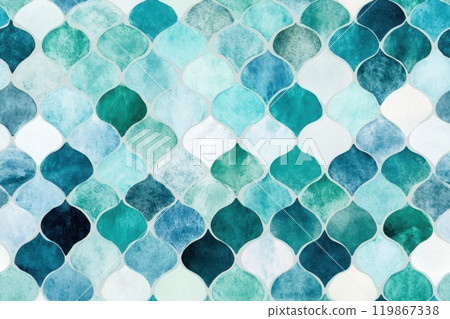 Elegant mosaic of blue and gold tiles in a seamless pattern, creating a luxurious and decorative background with a vintage feel. 119867338