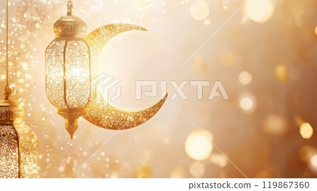 Decorative golden crescent and lantern on a... - Stock Illustration ...