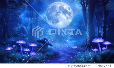 Magical forest path with glowing mushrooms and sparkling stars in a dreamy, surreal nightscape. Concept: fantasy, enchantment, fairytale. 119867361