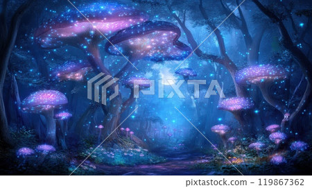 Magical forest path with glowing mushrooms and sparkling stars in a dreamy, surreal nightscape. Concept: fantasy, enchantment, fairytale. Magical forest path with glowing mushrooms and sparkling stars in a dreamy, surreal nightscape. Concept: fantasy, enchantment, fairytale. 119867362