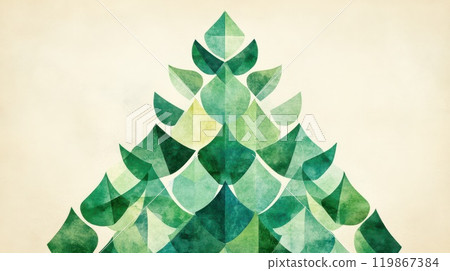 Minimalist Christmas tree formed from paper leaves in shades of green, representing eco-friendly decor. 119867384