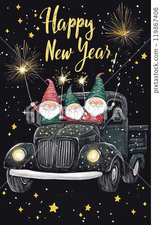 黑色背景與聖誕快樂信件和聖誕老人和煙火 119867406