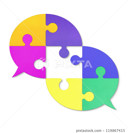 Jigsaw puzzle icon with two colorful bubbles of puzzle overlapping with empty pieces Jigsaw puzzle icon with two colorful bubbles of puzzle overlapping with empty pieces 119867415