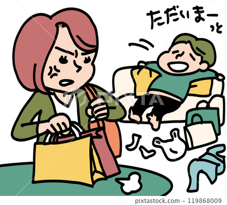 A wife is annoyed with her husband who sits on the sofa as soon as he gets home 119868009