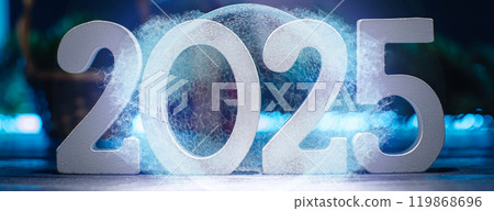 New Year's Eve 2025 Celebration Background.Christmas lights bokeh background. Holiday postcard. Happy New Year 2025 119868696