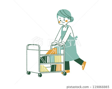 一位穿著圍裙的女士在運書車上運送書籍 - 4 種顏色 119868865