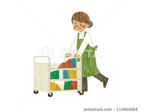 一名穿著圍裙的女士在運書車上運送書籍 - Gash 119868868