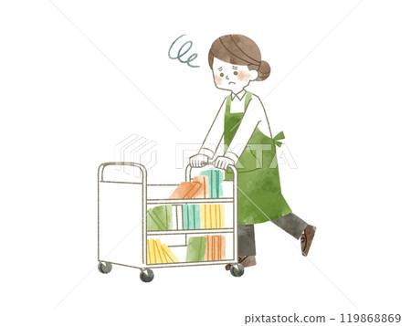 一位穿著圍裙的女士在運書車上運送書籍，表情困擾 — 水彩 119868869