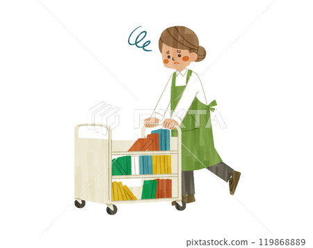 A woman wearing an apron carrying books in a book truck with a troubled expression - Gash 119868889