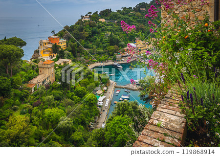Portofino view from the flowery balcony of Castle Brown, Italy 119868914