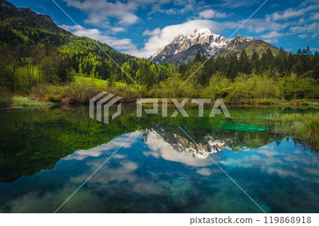 Small clean mountain lake and snowy peaks in Slovenia 119868918