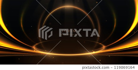 Elegant golden circle glowing with lighting effect sparkle on black background. Elegant golden circle glowing with lighting effect sparkle on black background. 119869164