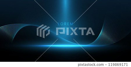 Elegant scene light blue glowing wave lines with lighting effect sparkle on blue background. Elegant scene light blue glowing wave lines with lighting effect sparkle on blue background. 119869171