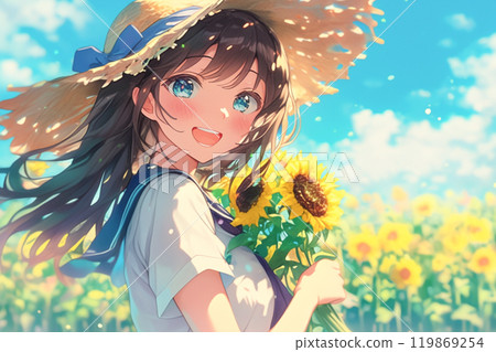 High school girl holding a bouquet of sunflowers in a sunflower field_1 119869254