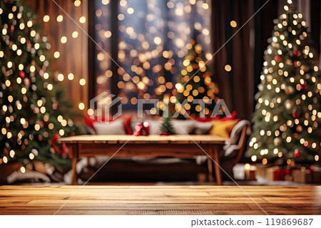table against a blurry Christmas background. table against a blurry Christmas background. 119869687
