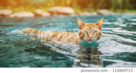 Cute Cat floating on the river 119869733