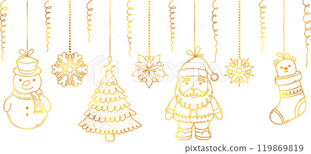 Golden Christmas garland with doodle style toys. 119869819