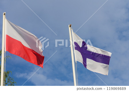 Polish and Finnish flags waving gently against a bright blue sky on a sunny day, showcasing a moment of cultural pride and unity 119869889