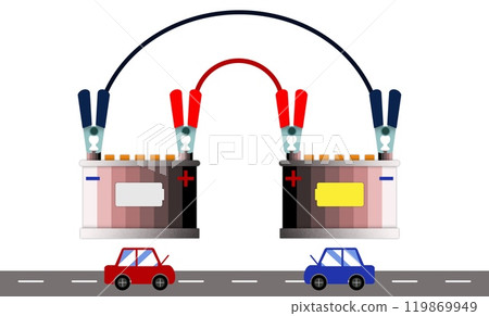 two car batteries connected with jumper cables for a jump-start, showing a step-by-step setup for reviving a dead car battery, automotive guides, emergency preparation, roadside emergency situation 119869949