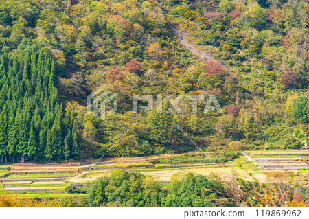 [新潟縣]秋天的秋山鄉，從東秋山林道看到的伊藤的石垣田野 119869962