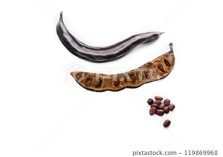 Carob carob fruit and seeds on white background Isolate Carob carob fruit and seeds on white background Isolate 119869968