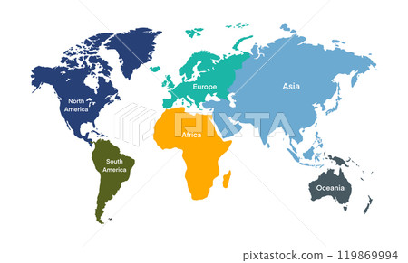 world map illustrating the continents with clear labels for North America, South America, Europe, Africa, Asia, and Oceania, educational and visually engaging map is ideal for geography lessons 119869994