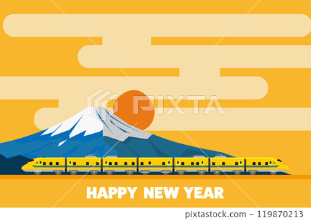 新年快樂字母、富士山和玩具風格 923 型黃色醫生的日式插圖 新年快樂字母、富士山和玩具風格 923 型黃色醫生的日式插圖 119870213