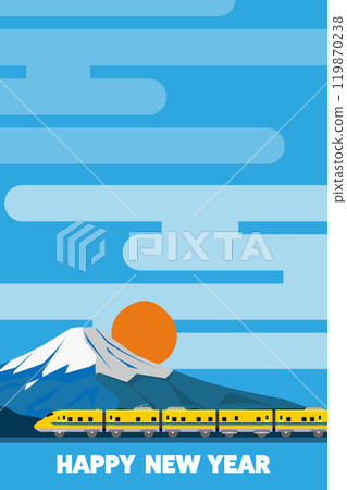 日式背景，帶有新年快樂字母、富士山和玩具風格 923 型黃色醫生 119870238